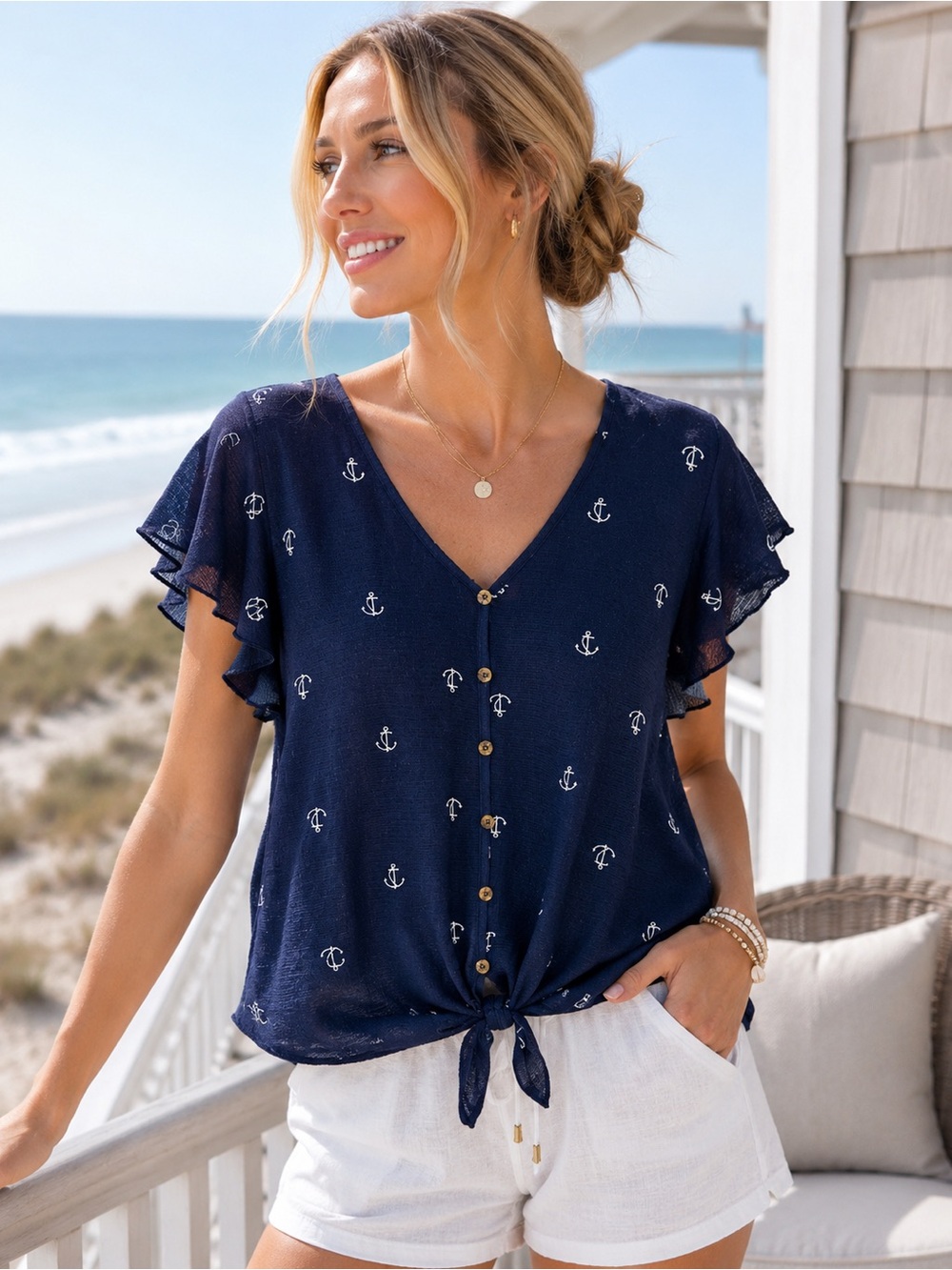 NWT All In Love Navy Anchor Print Tie Front Flutter Sleeve Top M Coastal Resort